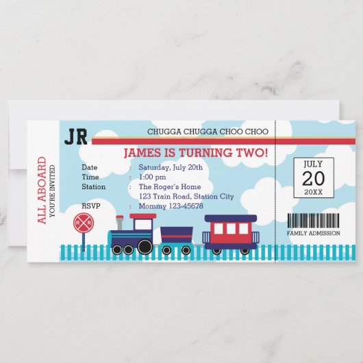 Invitations d'anniversaire de train (bleu et rouge (Devant)