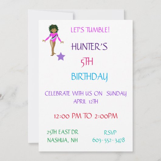 INVITATIONS D'ANNIVERSAIRE DE "TUMBLE GYMNASTICS" (Dos)