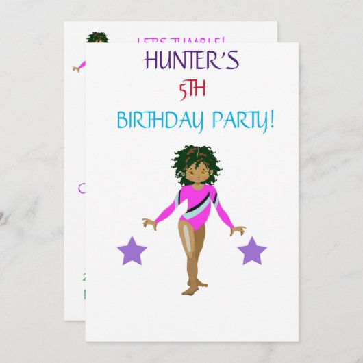 INVITATIONS D'ANNIVERSAIRE DE "TUMBLE GYMNASTICS" (Devant / Derrière)