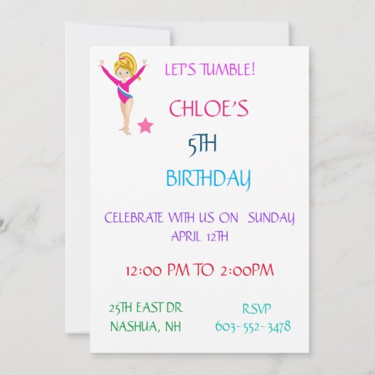 INVITATIONS D'ANNIVERSAIRE DE "TUMBLE GYMNASTICS" (Dos)
