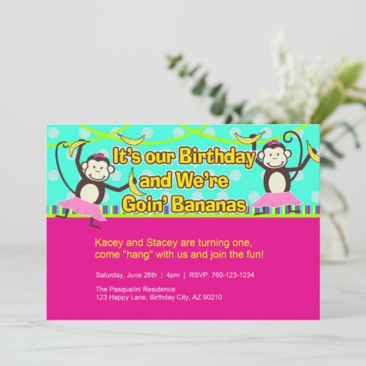 Invitations d'anniversaire des filles singes, jume (Debout devant)
