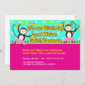 Invitations d'anniversaire des filles singes, jume (Devant / Derrière)