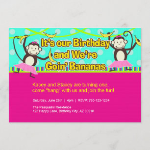 Invitations d'anniversaire des filles singes, jume