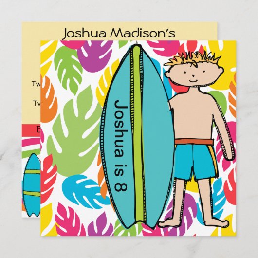 Invitations d'anniversaire des surfeurs Blond pers (Devant / Derrière)