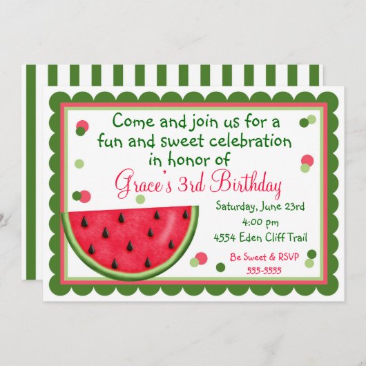 Invitations d'anniversaire d'été de la pastèque (Devant / Derrière)