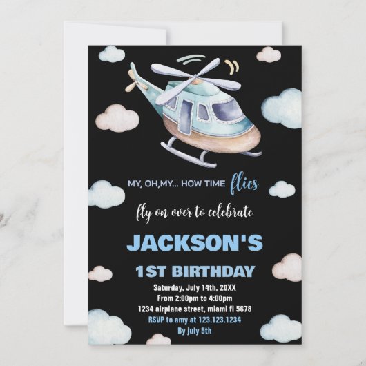 Invitations d'anniversaire d'hélicoptère gris bleu (Devant)