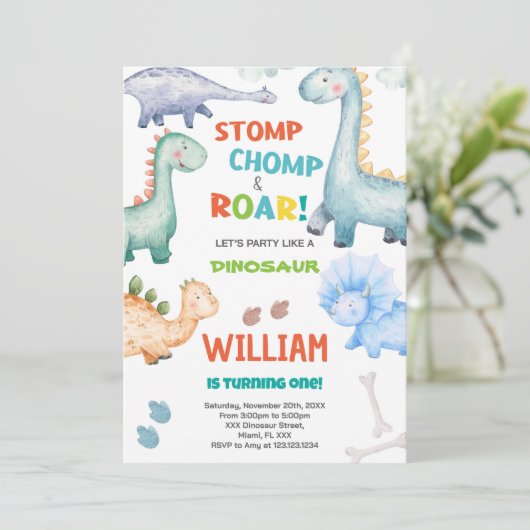 Invitations d'anniversaire Dinosaur Vert (Debout devant)