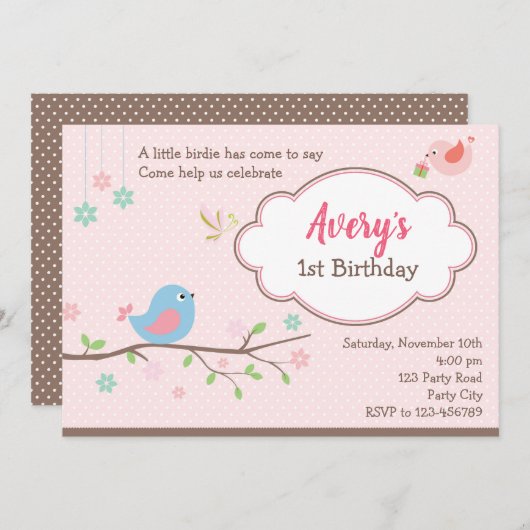 Invitations d'anniversaire d'oiseaux (Invitation p (Devant / Derrière)