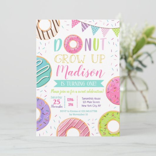 Invitations d'anniversaire Donut First Birthday (Debout devant)