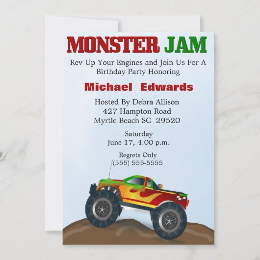 Invitations d'anniversaire du camion Monster (Devant)