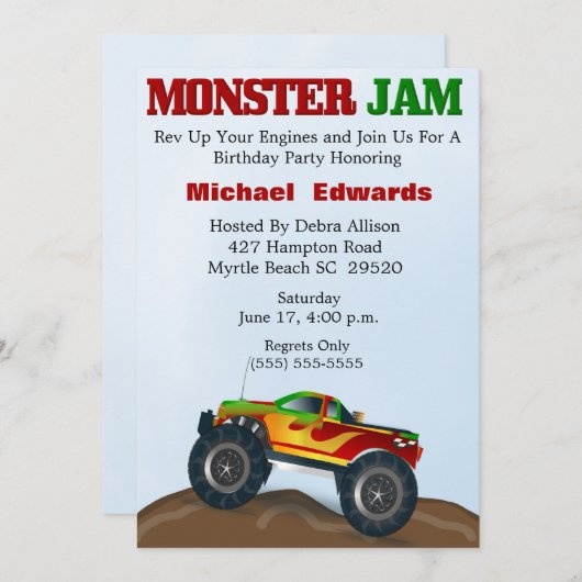 Invitations d'anniversaire du camion Monster (Devant / Derrière)
