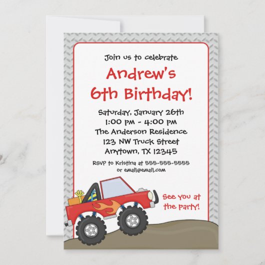 Invitations d'anniversaire du Camion Red Monster (Devant)
