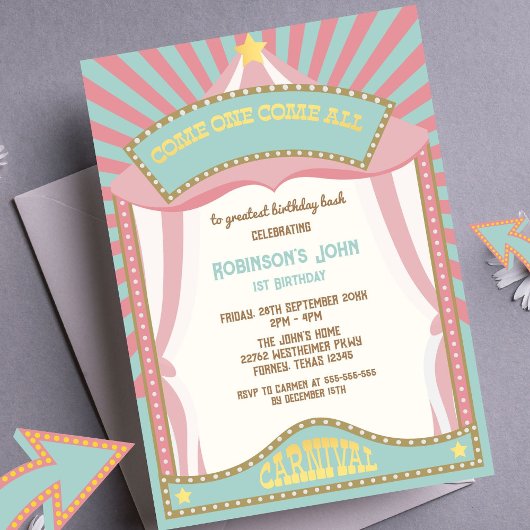 Invitations d'anniversaire du carnaval rose Retro