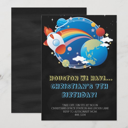 Invitations d'anniversaire du navire-fusée spatial (Devant / Derrière)