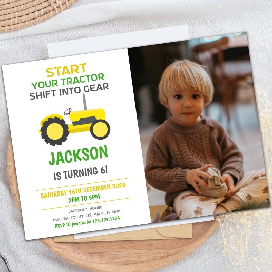 Invitations d'anniversaire du tracteur blanc et ja