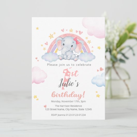 Invitations d'anniversaire - Elephant avec arc-en- (Debout devant)
