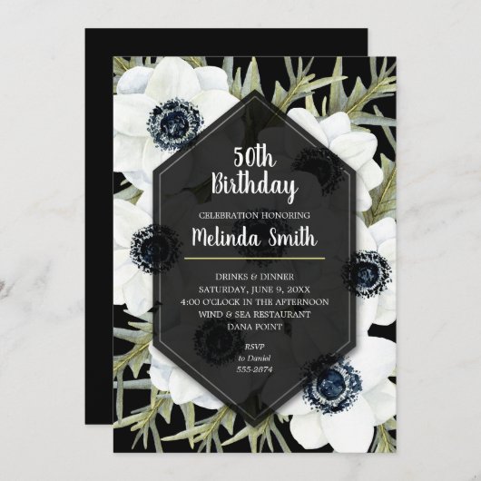 Invitations d'anniversaire florales en noir et bla (Devant / Derrière)
