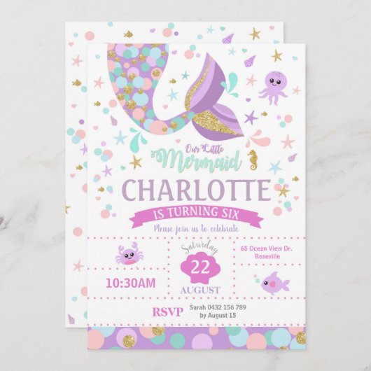 Invitations d'anniversaire Mermaid (Devant / Derrière)