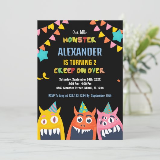 Invitations d'anniversaire Monster Black (Debout devant)