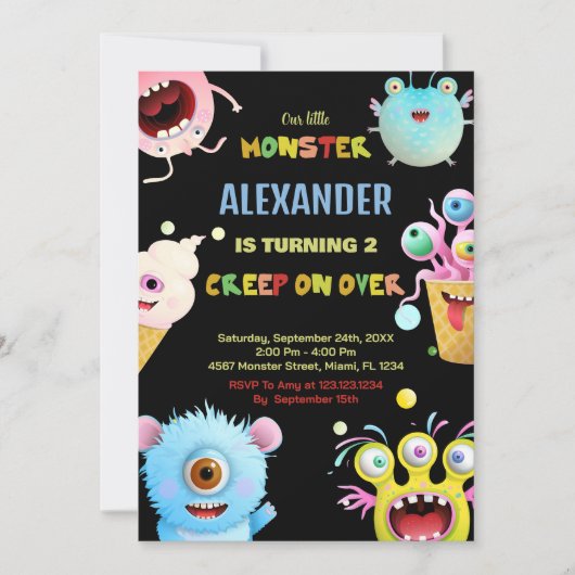 Invitations d'anniversaire Monster Black (Devant)