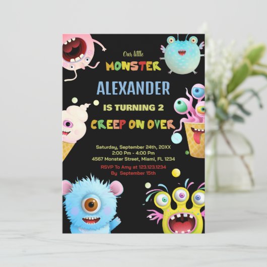 Invitations d'anniversaire Monster Black (Debout devant)