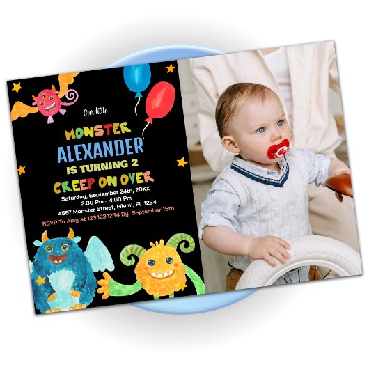 Invitations d'anniversaire Monster Black avec phot