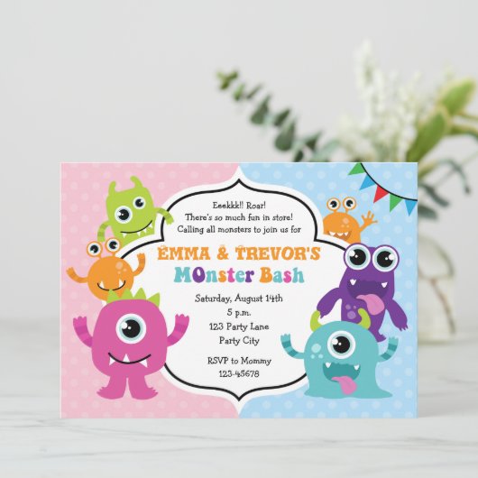 Invitations d'anniversaire Monster (Garçon / Fille (Debout devant)