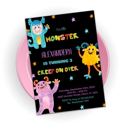 Invitations d'anniversaire Monster rose violet noi