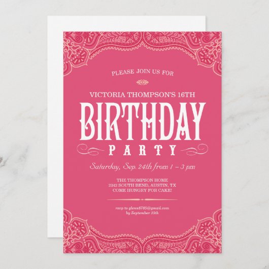 Invitations d'anniversaire Pink Paisley (Devant / Derrière)