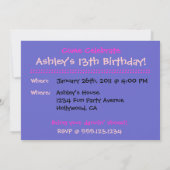 Invitations d'anniversaire pour les filles de Blue (Dos)