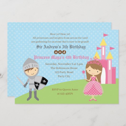 Invitations d'anniversaire princesse et chevalier  (Devant / Derrière)