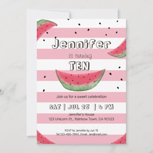 Invitations d'anniversaire rose pastèque (Devant)