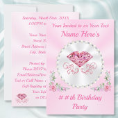 Invitations d'anniversaire roses, diamants et perl