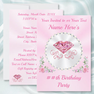 Invitations d'anniversaire roses, diamants et perl