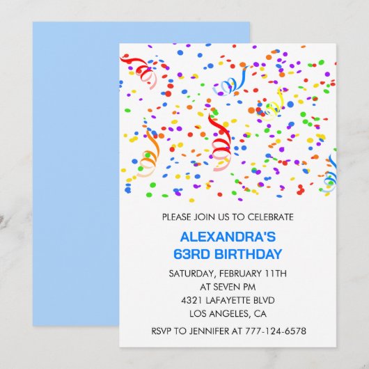 Invitations d'anniversaire simples 63 ans Confetti (Devant / Derrière)
