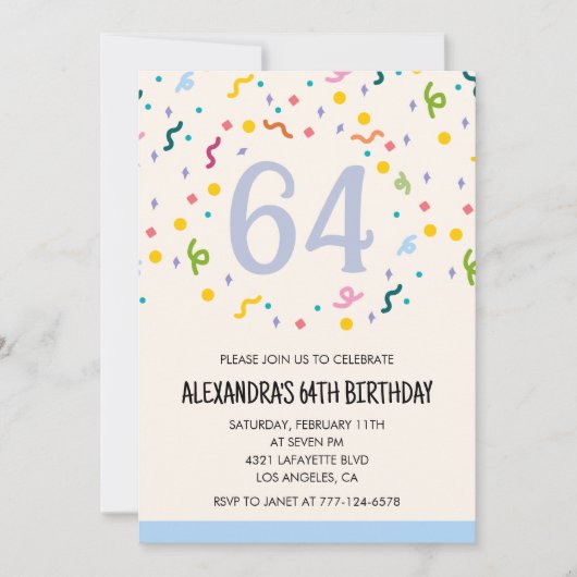 Invitations d'anniversaire simples 64 ans Confetti (Devant)