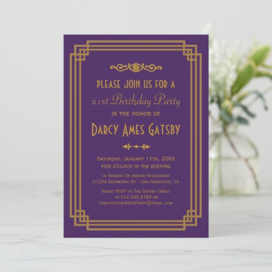 Invitations d'anniversaire simples Art déco violet (Debout devant)