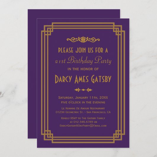 Invitations d'anniversaire simples Art déco violet (Devant / Derrière)