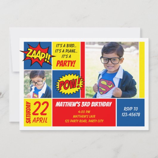 Invitations d'anniversaire Superhero avec photo (Devant)