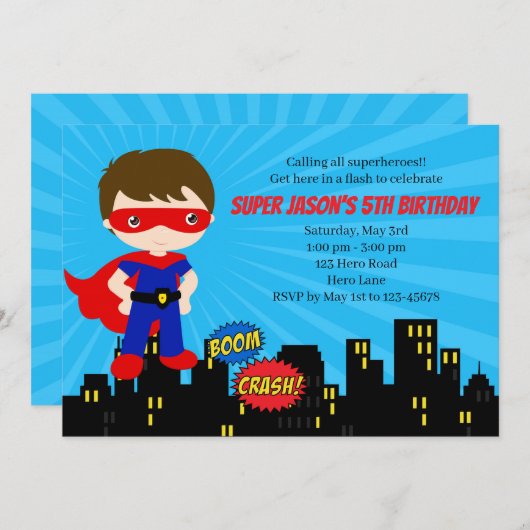 Invitations d'anniversaire Superhero (Masque bleu  (Devant / Derrière)