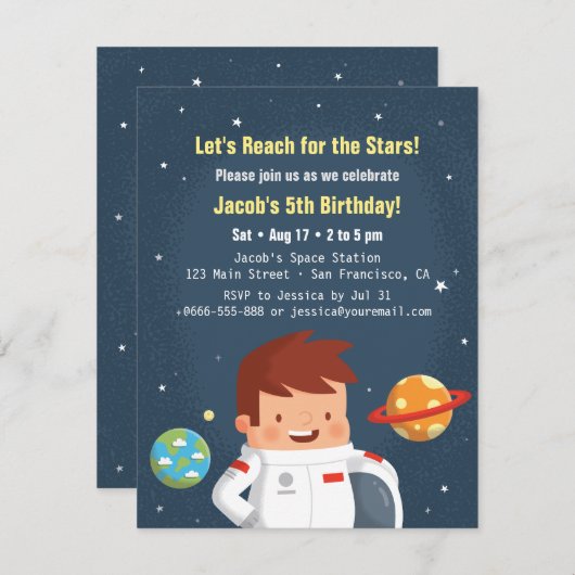 Invitations d'Anniversaires de enfants de l'espace (Devant / Derrière)