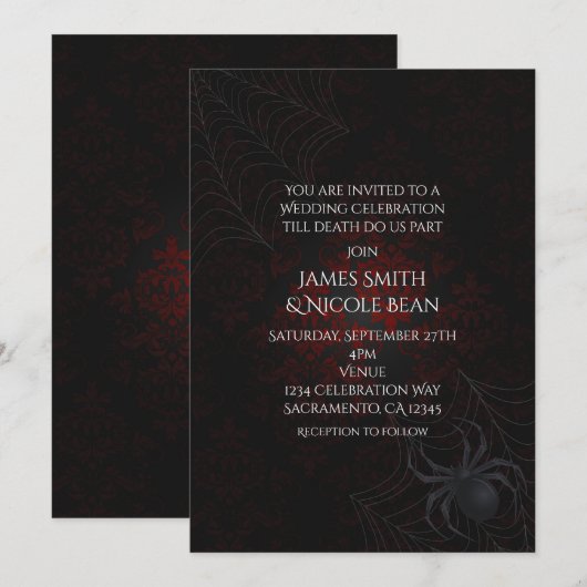 Invitations d'araignée rouge et noire Damask Hallo (Devant / Derrière)