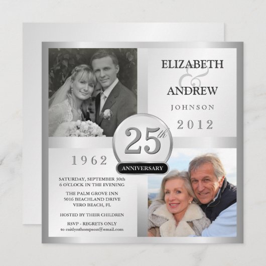 Invitations d'argent du 25e anniversaire avec 2 ph (Devant / Derrière)
