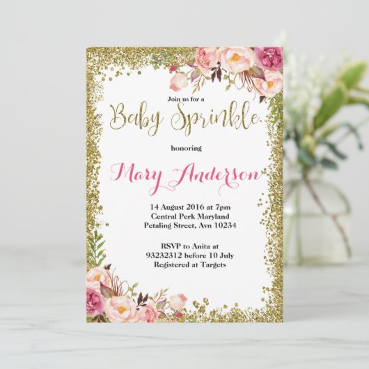 Invitations d'arrosage pour bébé rose (Debout devant)