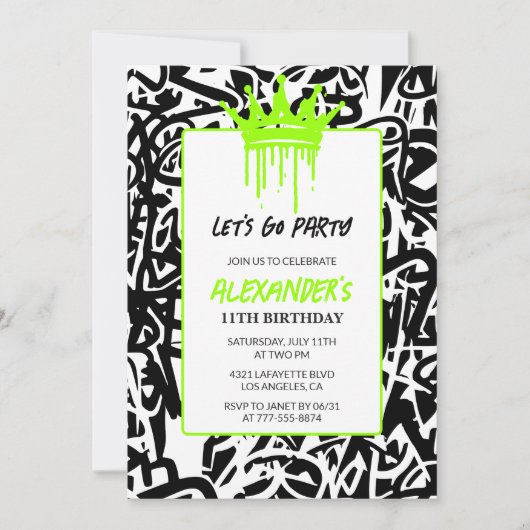Invitations de 11e anniversaire Boy Party Graffiti (Devant)