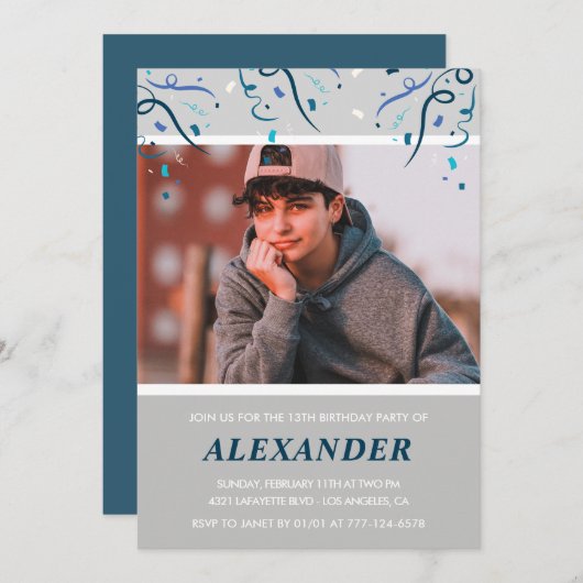 Invitations de 13e anniversaire garçon Confetti Ph (Devant / Derrière)