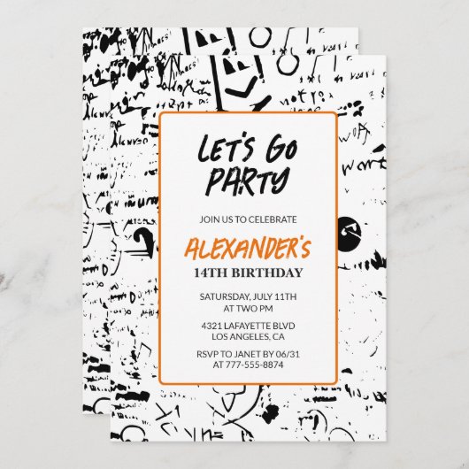 Invitations de 14e anniversaire Boy Graffiti Paint (Devant / Derrière)