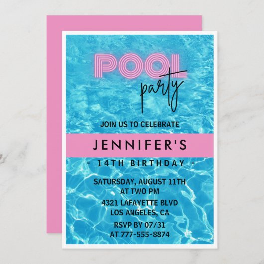 Invitations de 14e anniversaire Pool Party été (Devant / Derrière)