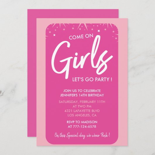 Invitations de 14e anniversaire rose Fille branché (Devant / Derrière)
