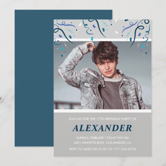 Invitations de 17e anniversaire garçon Confetti Ph (Devant / Derrière)